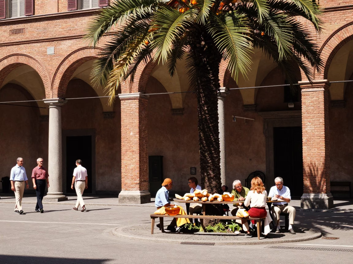 Vintage 1960s Bologna Street Scene with Cannoli and Amber Palm Clusters in in Bologna, Italy