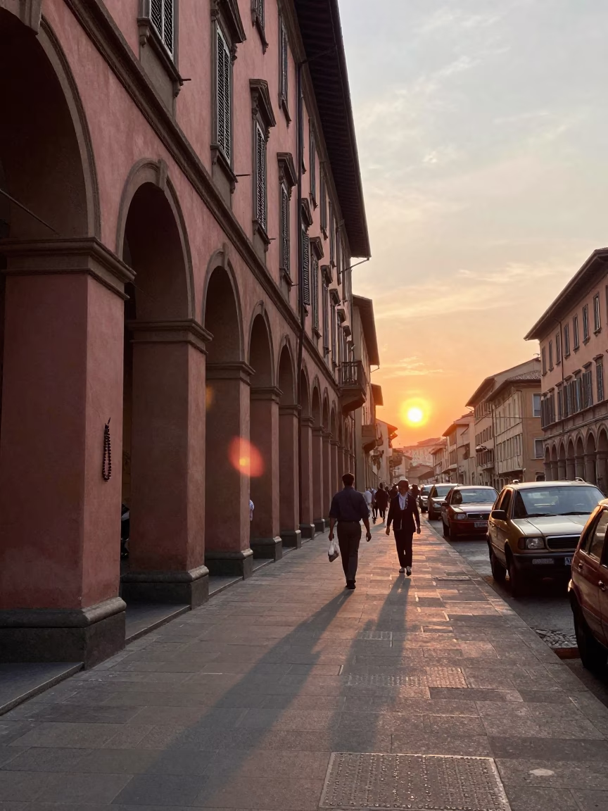 Vintage 1960s Bologna street scene with prayer beads and stone pot during sunset in in Bologna, Italy