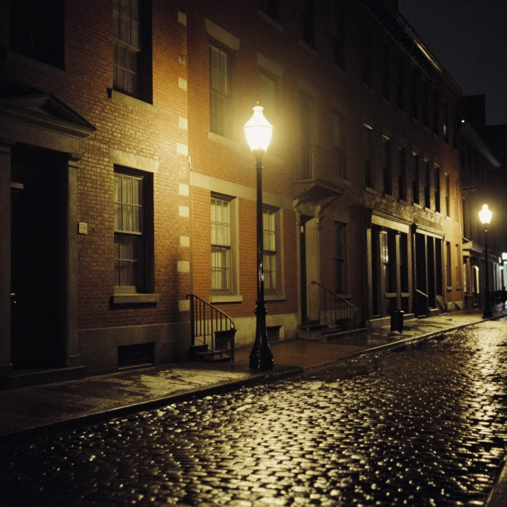 Vintage 1960s Boston Night Street Scene with Streetlights and Brick Architecture in in Boston, Massachusetts, United States