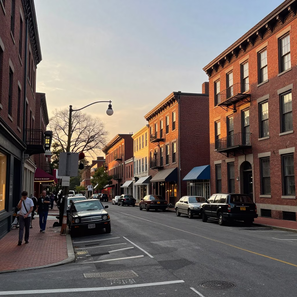 Vintage 1960s Boston Street Scene at Sunset with Local Shop Display and Pedestrians in in Boston, Massachusetts, United States