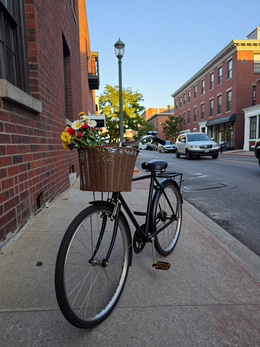 Vintage 1960s Boston Street Scene with Bicycle Basket and Cutlery Display in in Boston, Massachusetts, United States