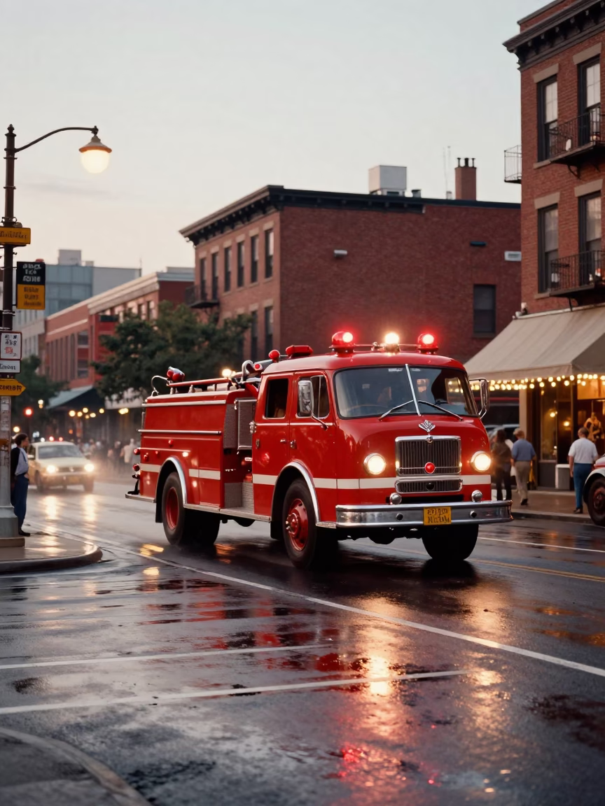Vintage 1960s Boston Street Scene with Fire Engine Racing at Sunset in in Boston, Massachusetts, United States