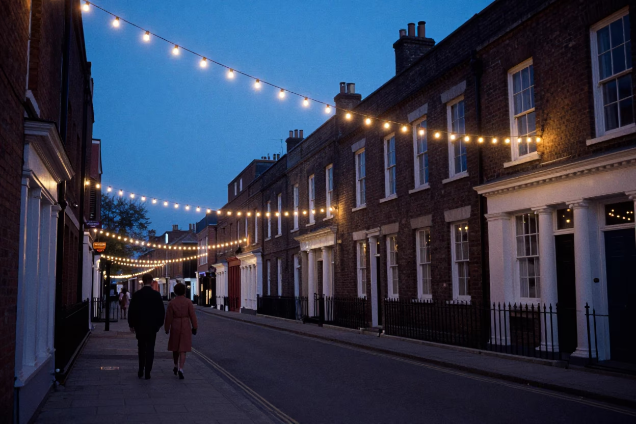 Vintage 1960s Bristol Evening Street Scene with String Lights and Camellia Shrub in in Bristol, United Kingdom