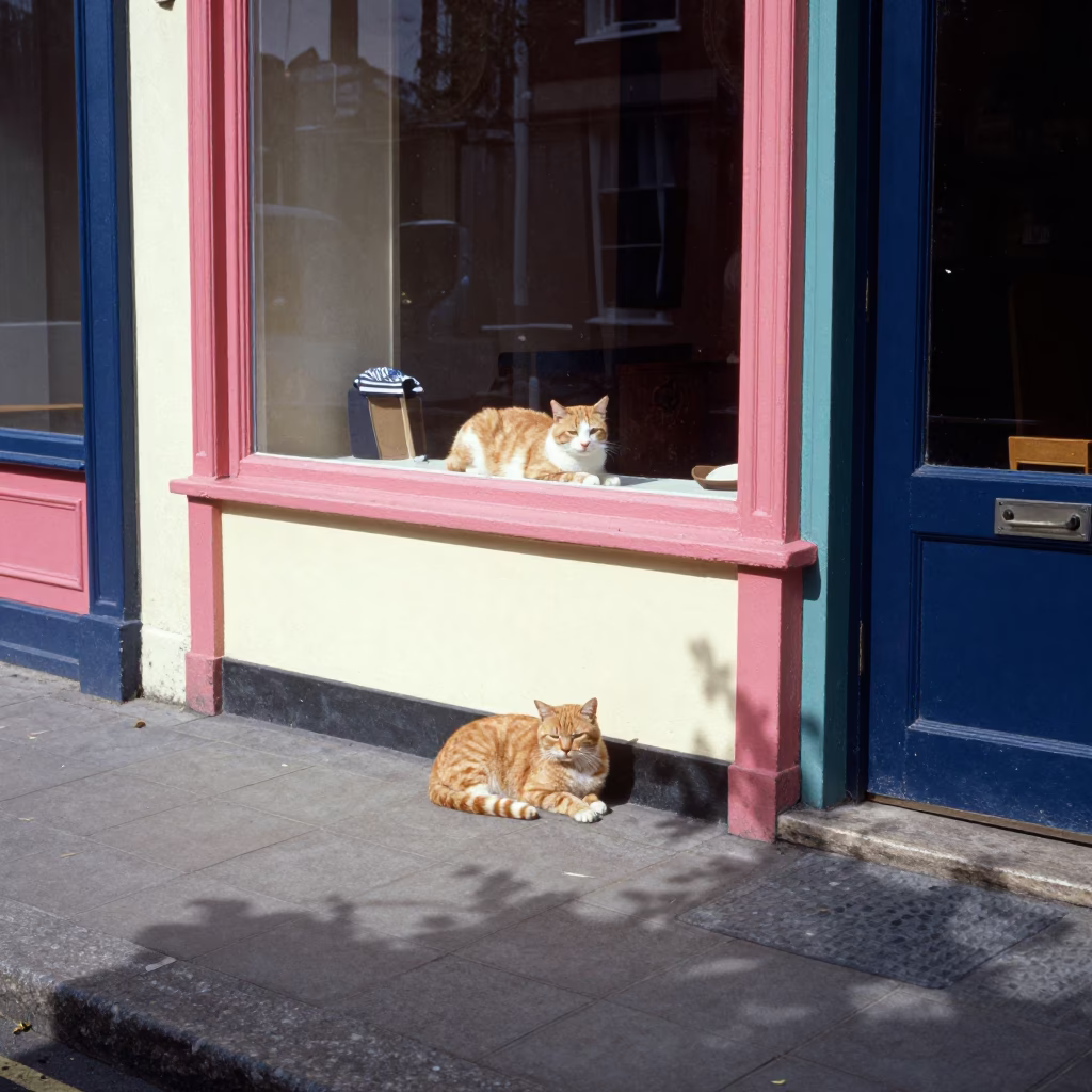 Vintage 1960s Bristol Street Scene with Orange Cat and Leaf Shadows in in Bristol, United Kingdom