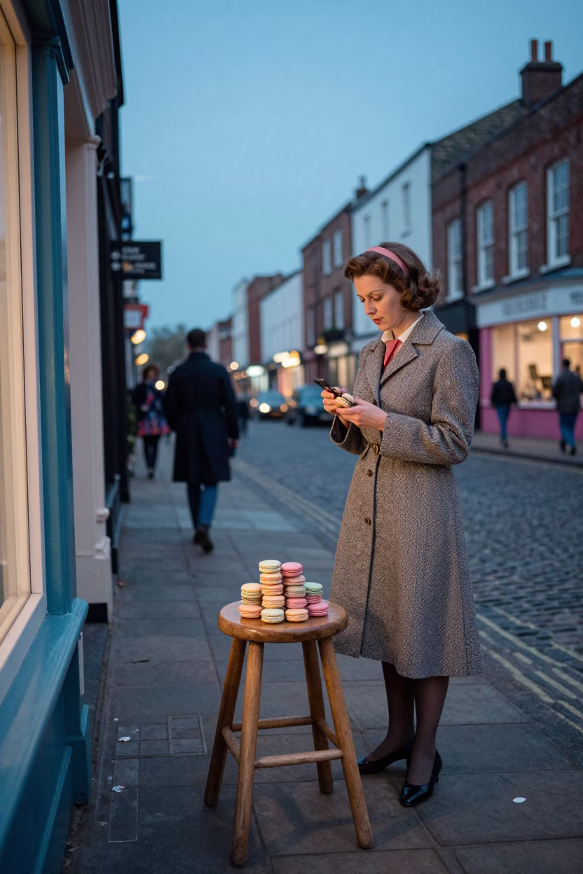 Vintage 1960s Bristol Street Scene with Pastel Macarons and Kitchen Stool in in Bristol, United Kingdom