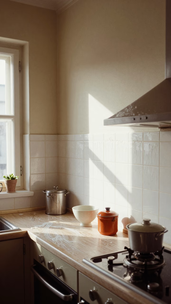 Vintage 1960s Brussels Kitchen Scene with Soap Streaks on Tile and Everyday Household Items in in Brussels, Belgium