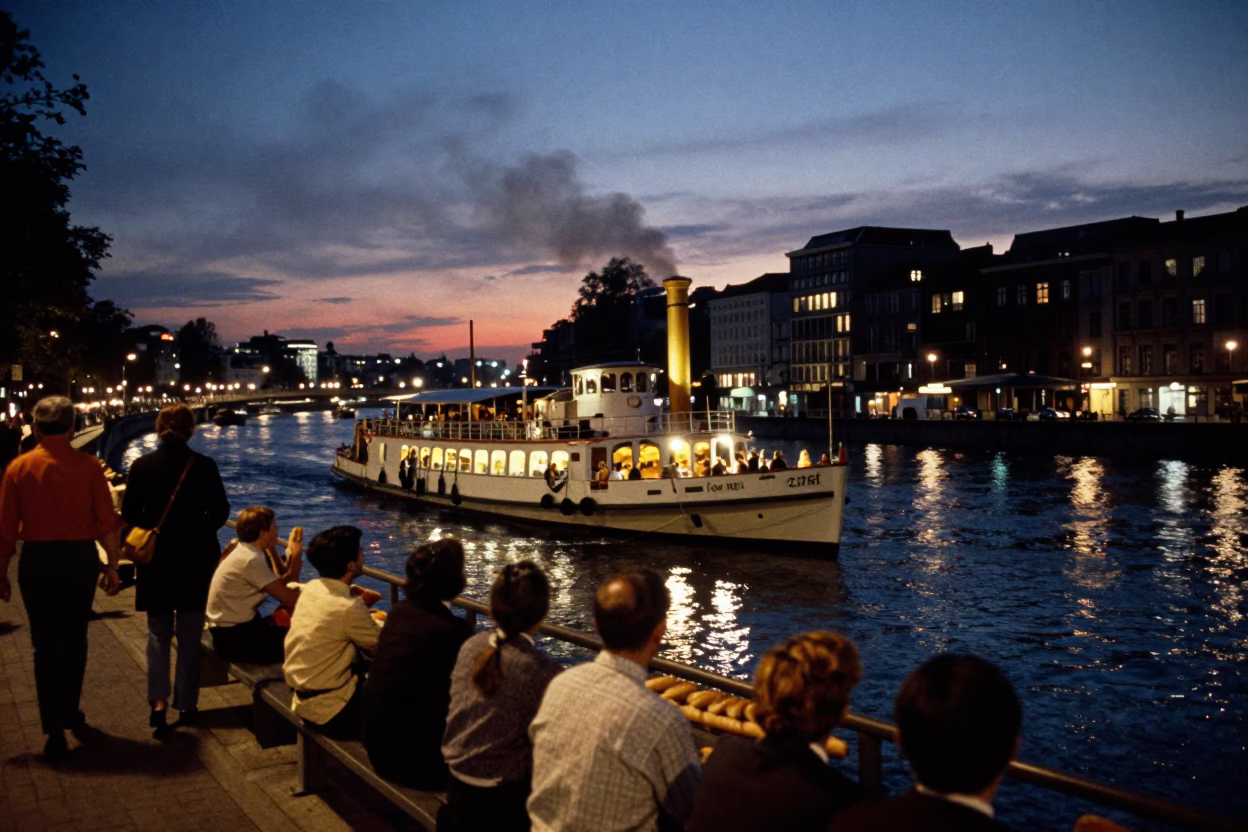 Vintage 1960s Brussels Night Scene with Steamboat and Baguettes in in Brussels, Belgium