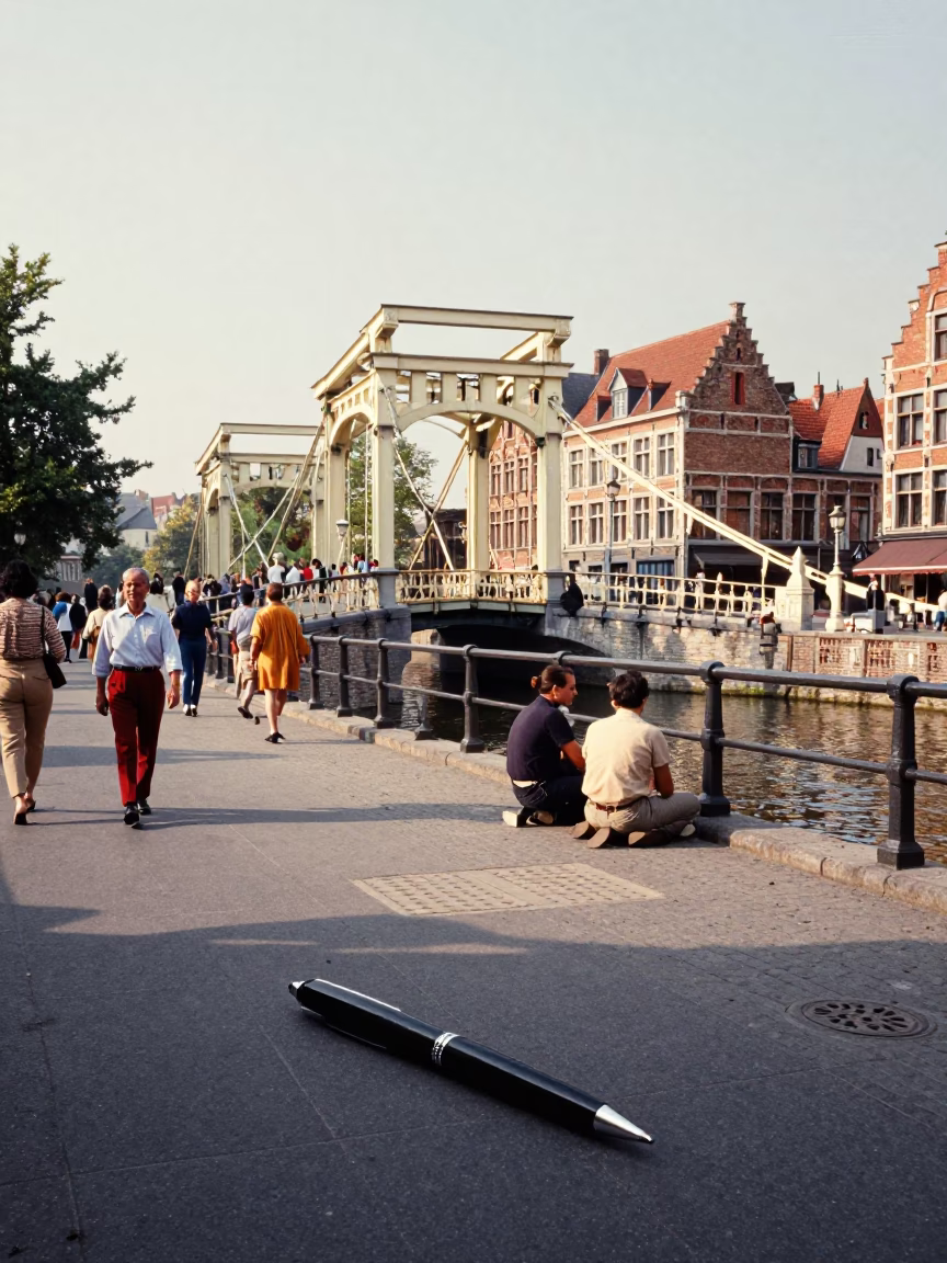 Vintage 1960s Brussels Street Scene with Fountain Pen and Drawbridge in in Brussels, Belgium