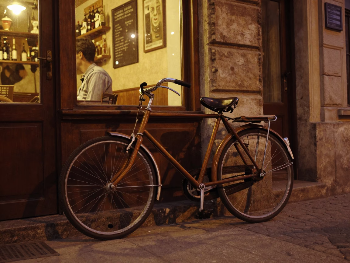 Vintage 1960s Budapest Night Scene with Bicycle Leaning Against Traditional Cafe Facade in in Budapest, Hungary