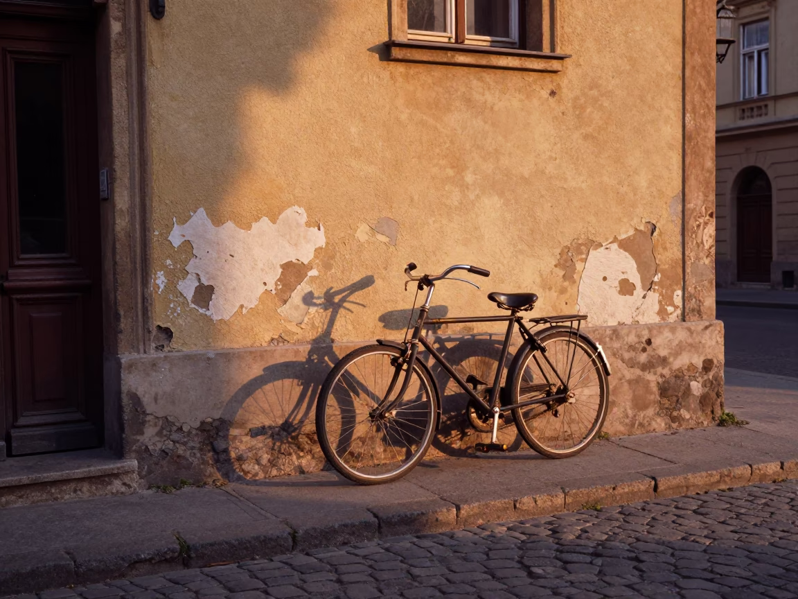 Vintage 1960s Budapest Street Scene at Sunset with Bicycle and Bottle in in Budapest, Hungary