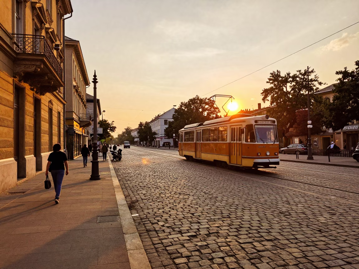Vintage 1960s Budapest Street Scene at Sunset with Tram on Hill and Cherries in in Budapest, Hungary