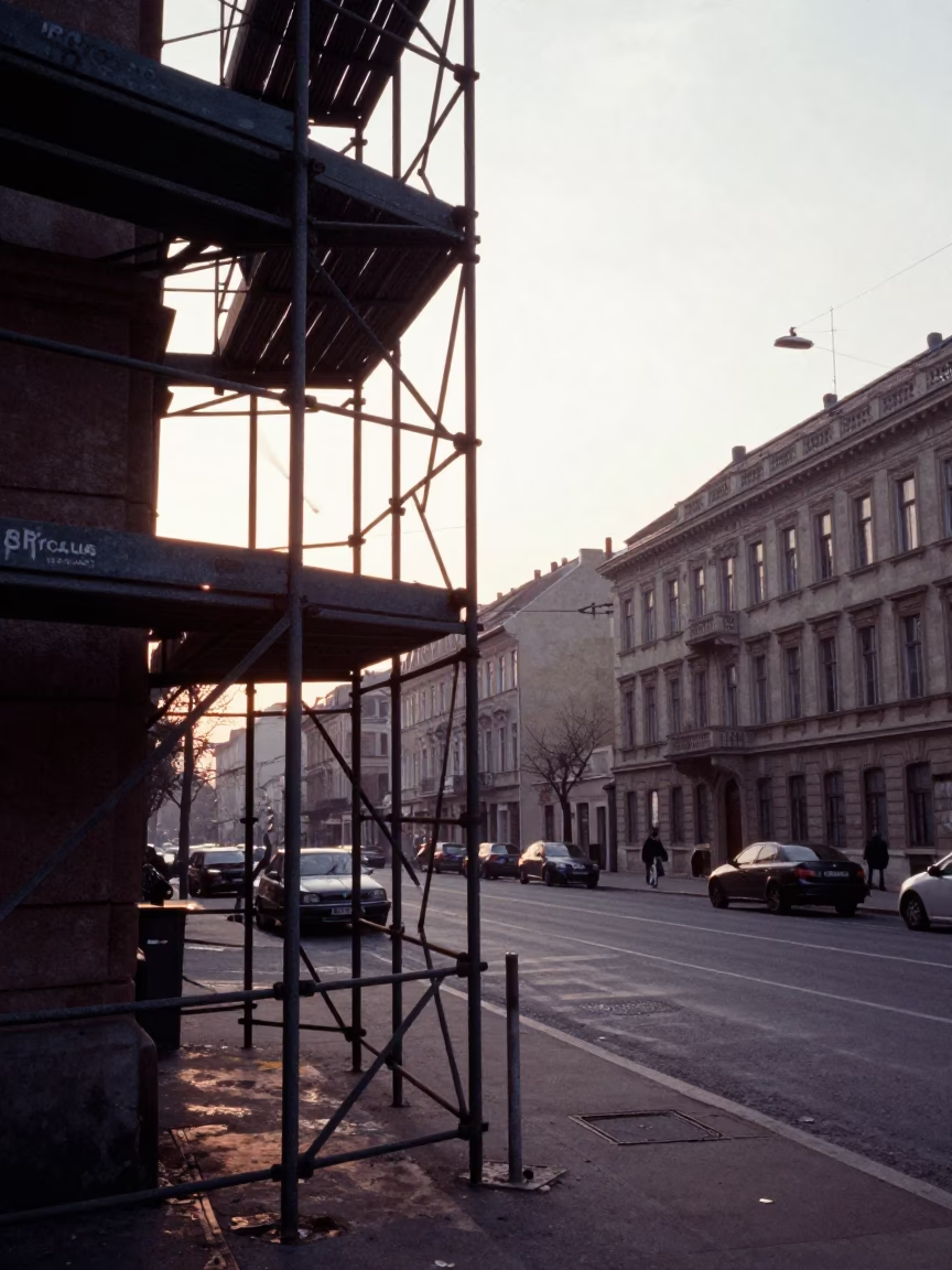 Vintage 1960s Budapest Street Scene with Iron Scaffold and Camellia Bush After Sunrise in in Budapest, Hungary