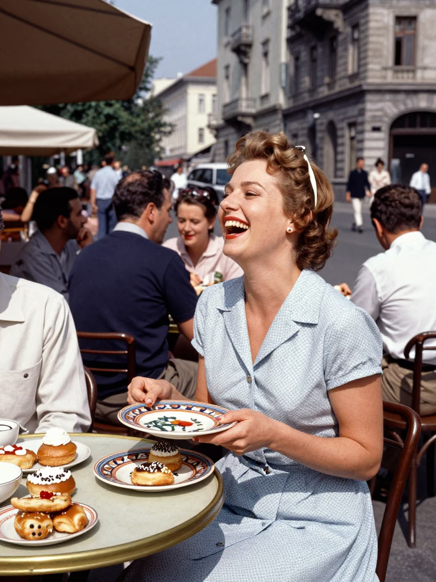 Vintage 1960s Budapest Street Scene with Pastries and Brass Details in in Budapest, Hungary