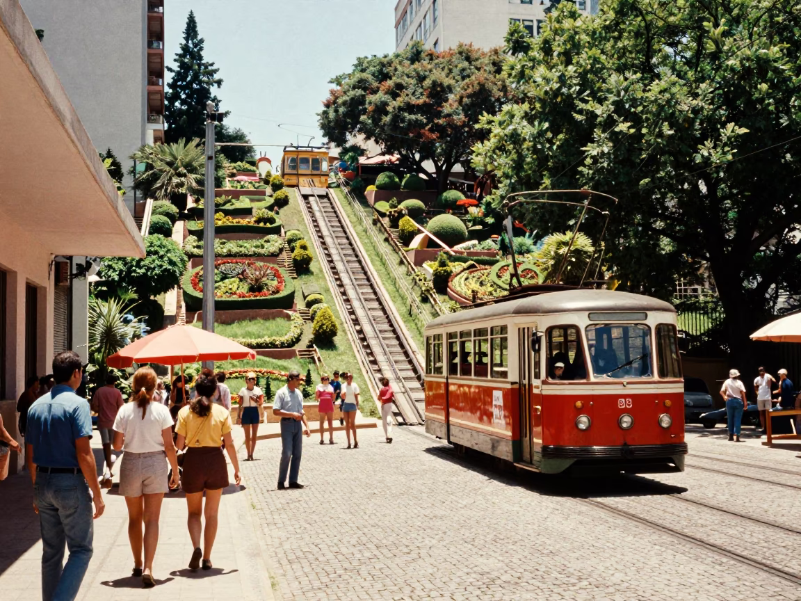 Vintage 1960s Buenos Aires Midday Street Scene with Funicular and Local Life in in Buenos Aires, Argentina
