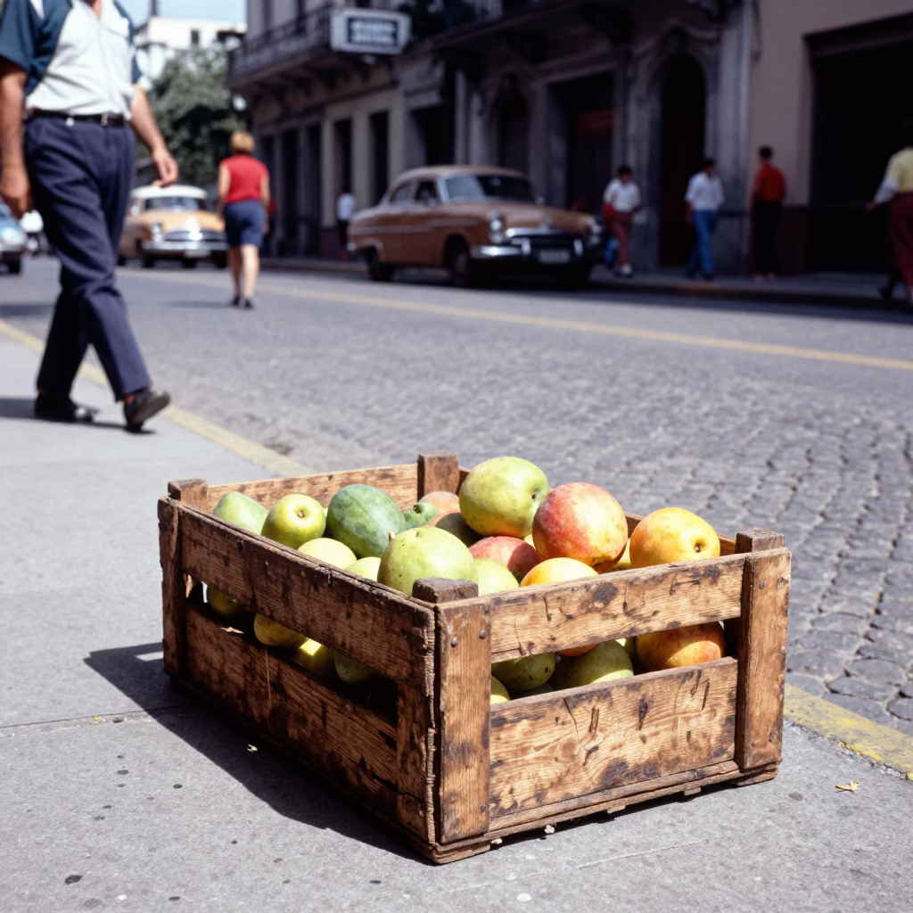 Vintage 1960s Buenos Aires Street Scene with Fruit Crate and Latch Detail in in Buenos Aires, Argentina