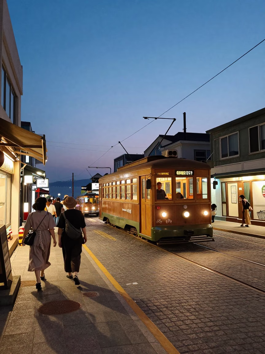 Vintage 1960s Busan Street Scene with Old Trolley Car at Twilight in in Busan, South Korea