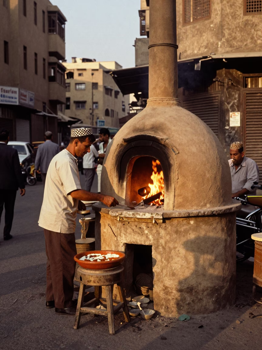 Vintage 1960s Cairo Evening Street Scene with Shakshouka and Tandoor Bread in in Cairo, Egypt