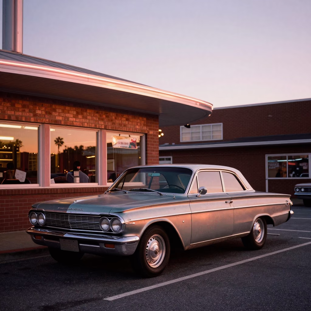 Vintage 1960s Car Parked Outside Boston Diner Under Copper Twilight Sky in in Boston, Massachusetts, United States