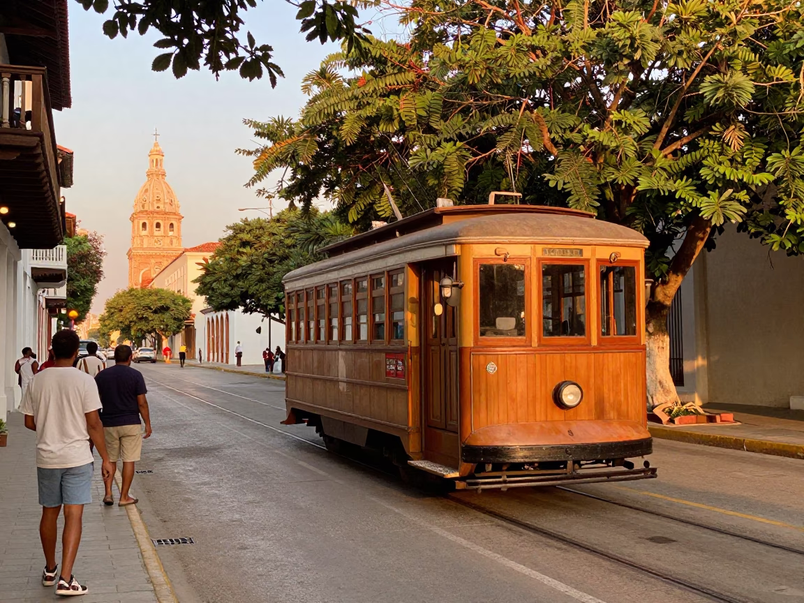 Vintage 1960s Cartagena Colombia Evening Street Scene with Old Trolley and Fig Tree in in Cartagena, Colombia