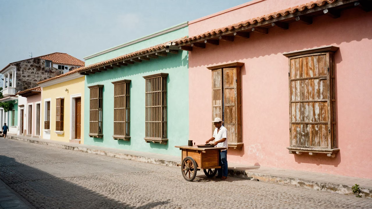 Vintage 1960s Cartagena Colombia street scene with colonial architecture and local commerce in in Cartagena, Colombia