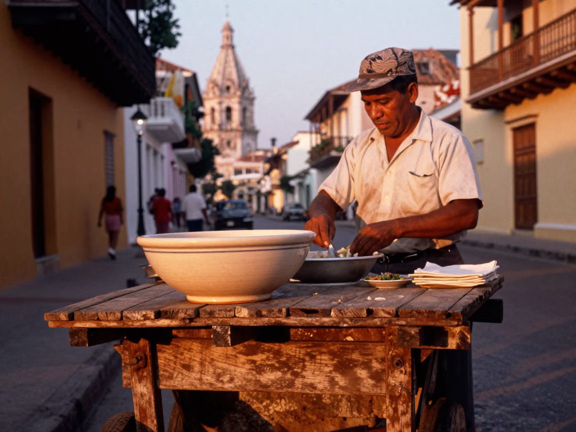 Vintage 1960s Cartagena Street Scene with Ceramic Bowl and Peeler in Copper Dusk Light in in Cartagena, Colombia