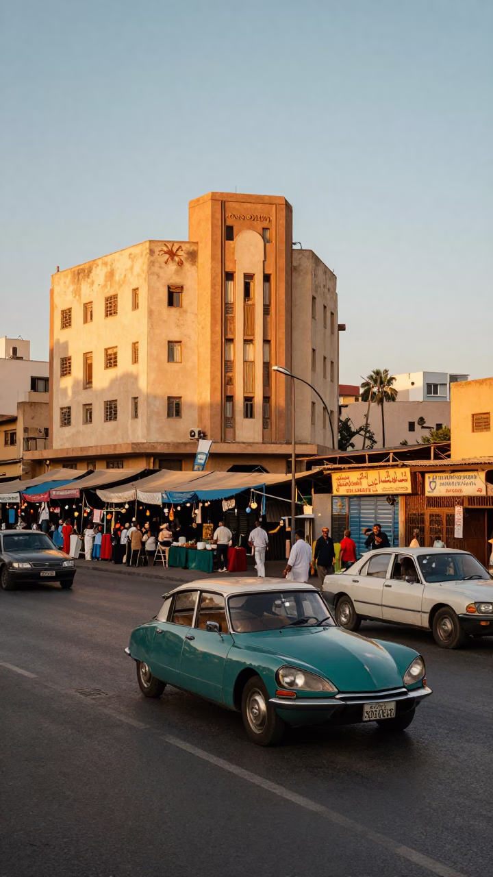 Vintage 1960s Casablanca Sunset Street Scene with Local Market Activity in in Casablanca, Morocco