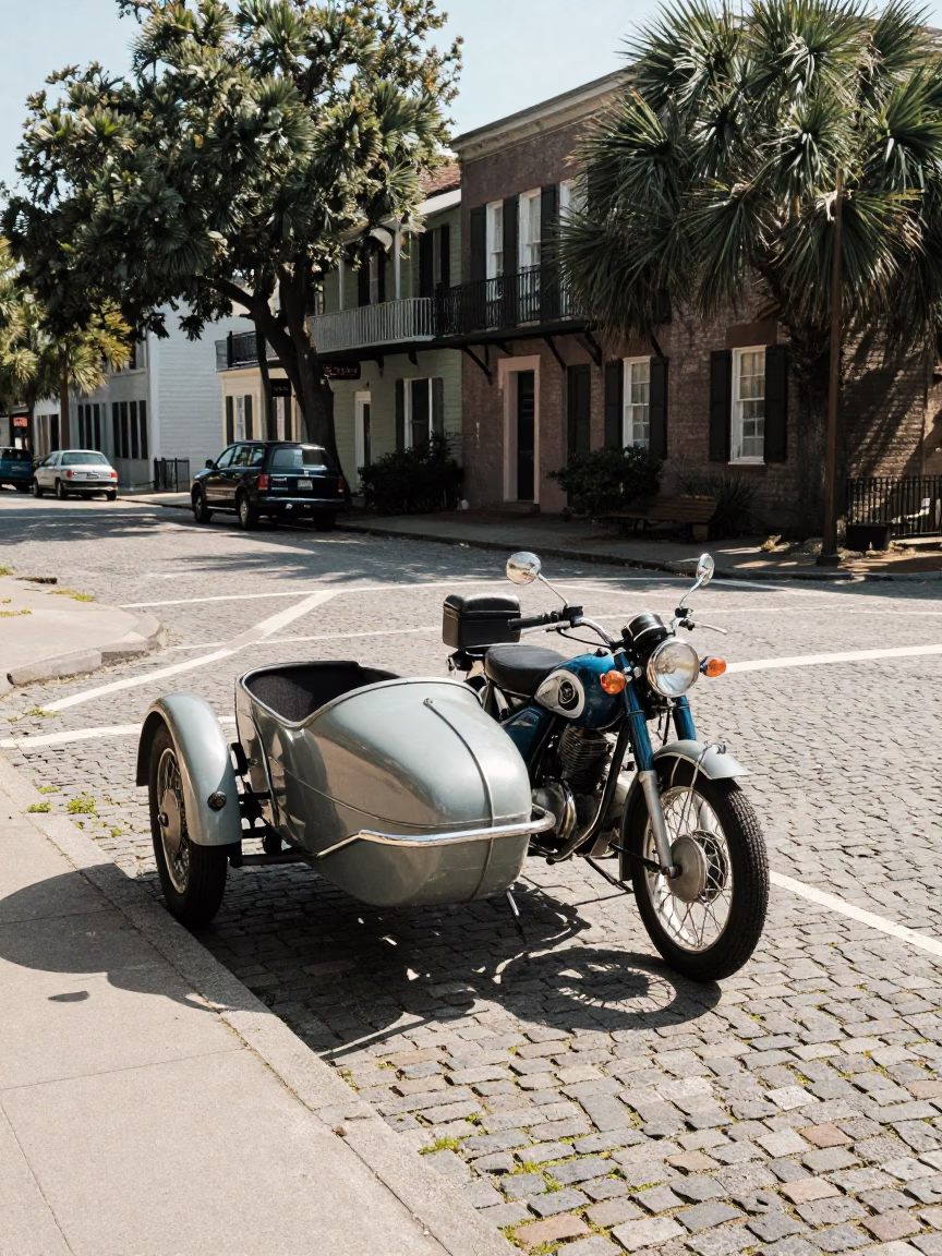 Vintage 1960s Charleston Street Scene with Motorcycle and Local Market Activity in in Charleston, South Carolina, United States