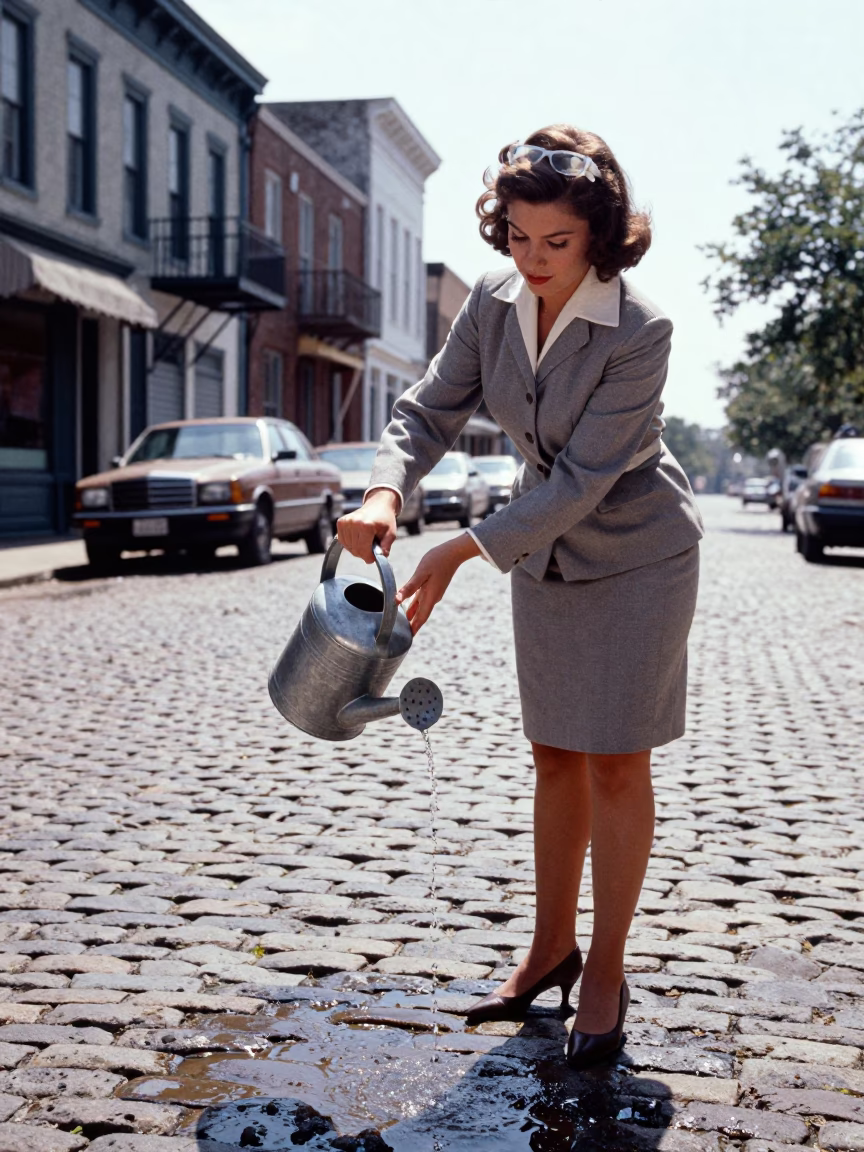 Vintage 1960s Charleston Street Scene with Watering Jug and Cobblestone Alleyway in in Charleston, South Carolina, United States