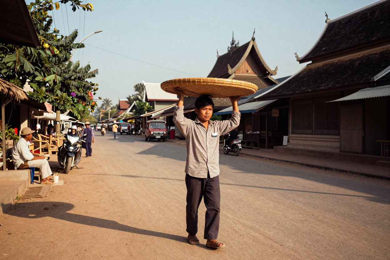 Vintage 1960s Chiang Mai Street Scene with Bamboo Tray and Drying Rack in in Chiang Mai, Thailand