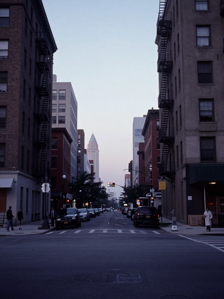 Vintage 1960s Chicago Street Scene Before Dawn with District Heating Pipes and Apartment Blocks in in Chicago, Illinois, United States