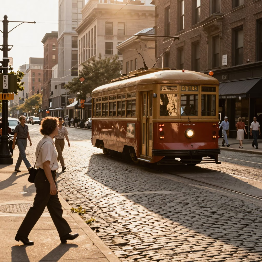 Vintage 1960s Chicago Sunset Street Scene with Heritage Tram and Urban Details in in Chicago, Illinois, United States
