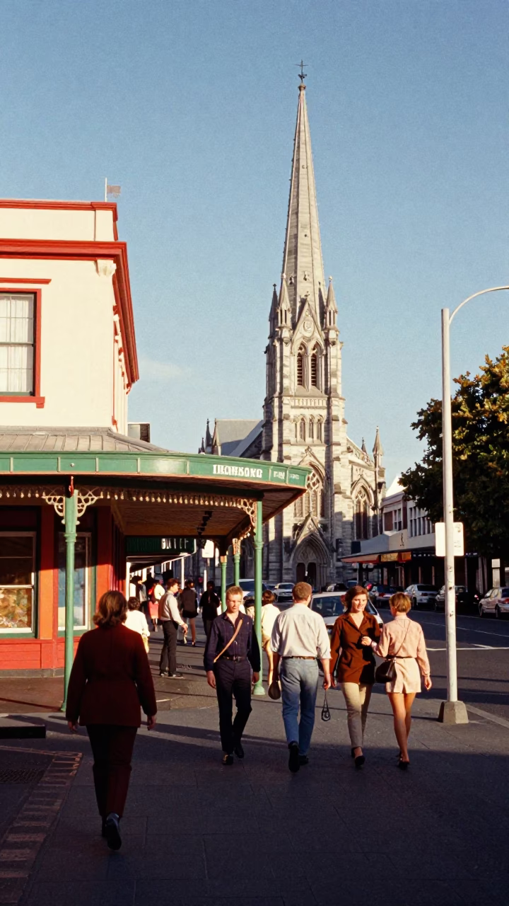 Vintage 1960s Christchurch New Zealand Street Scene with Colorful Details and Daily Life in in Christchurch, New Zealand