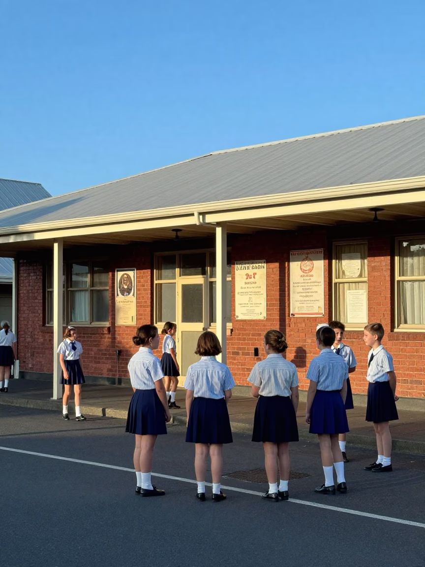 Vintage 1960s Christchurch New Zealand Street Scene with School Children and Local Architecture in in Christchurch, New Zealand