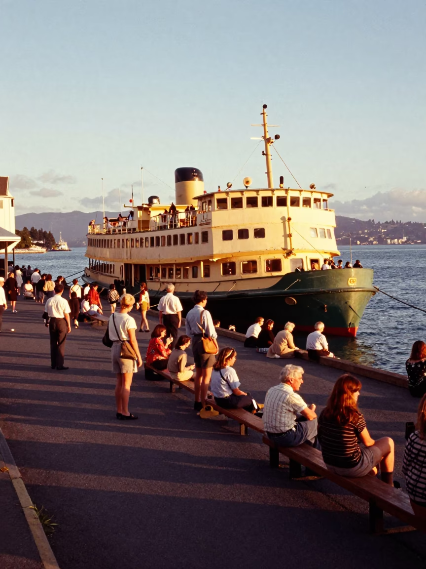 Vintage 1960s Christchurch New Zealand Sunset Ferry Loading Passengers at the Dock in in Christchurch, New Zealand