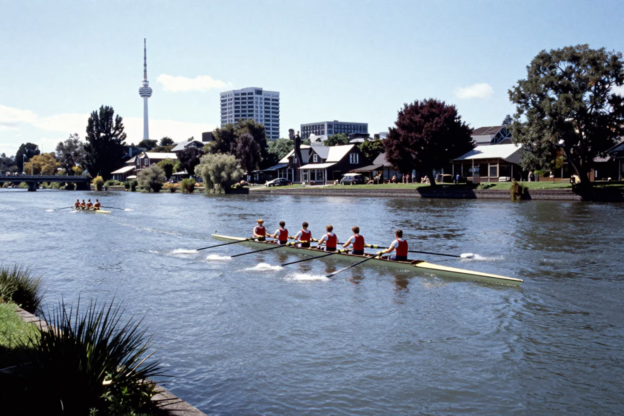 Vintage 1960s Christchurch River Scene with Rowing Crew and Ceremonial Plate in in Christchurch, New Zealand