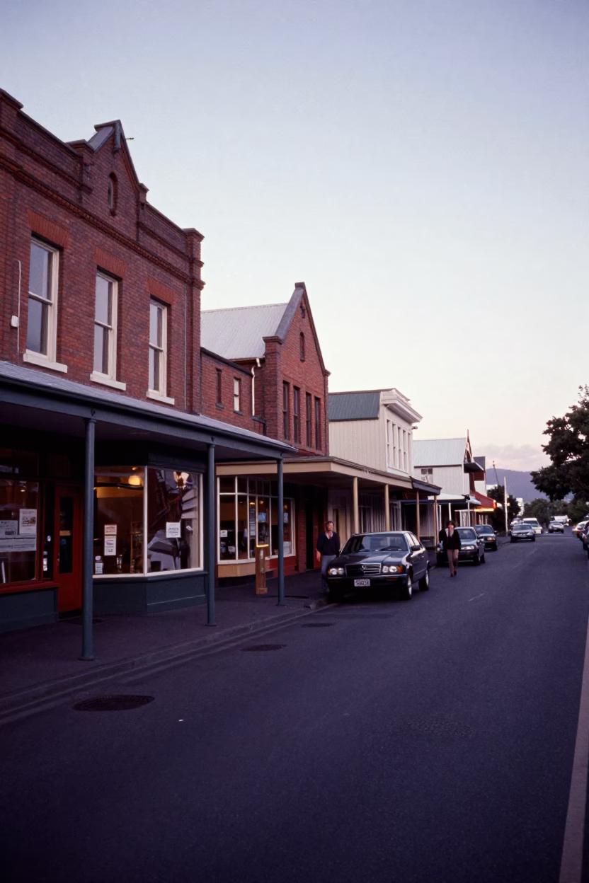 Vintage 1960s Christchurch Street Scene at Nautical Dawn with Pedestrians and Tram in in Christchurch, New Zealand