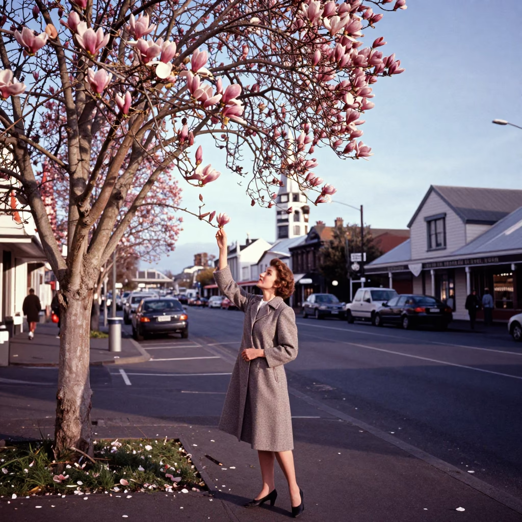 Vintage 1960s Christchurch Street Scene with Magnolia Bloom and Local Pedestrians in in Christchurch, New Zealand