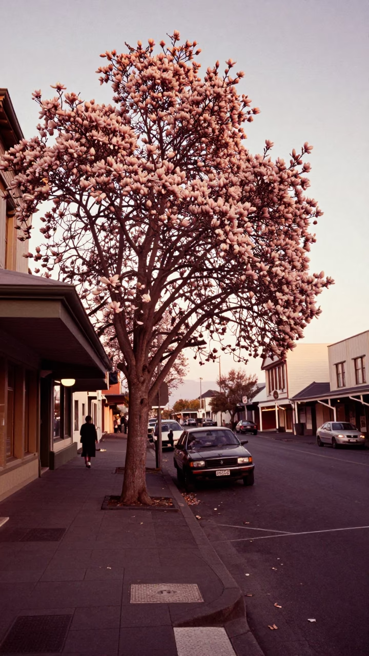 Vintage 1960s Christchurch Street Scene with Magnolia Tree in Copper Twilight in in Christchurch, New Zealand