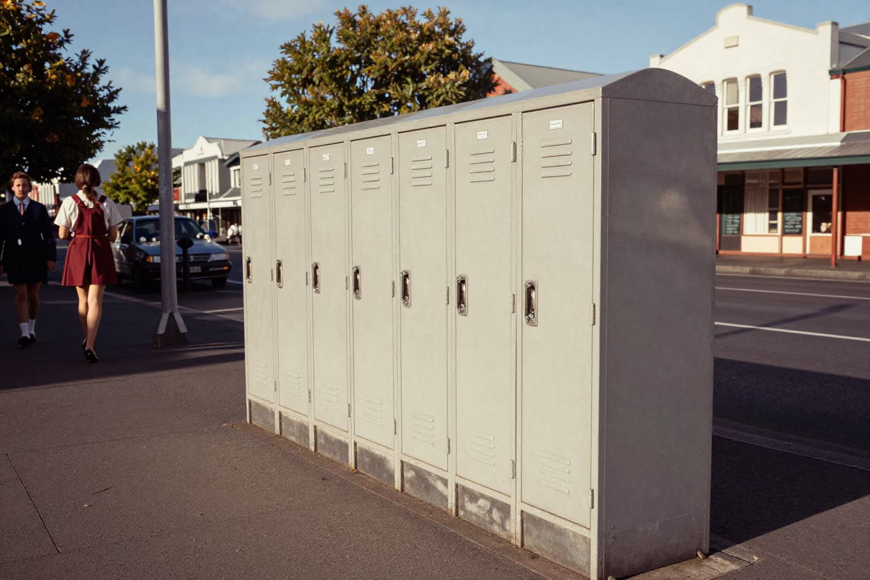 Vintage 1960s Christchurch Street Scene with School Graduation Lockers and Local Pedestrians in in Christchurch, New Zealand