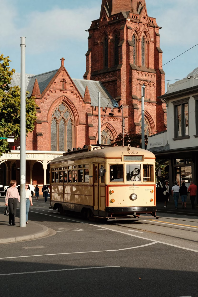 Vintage 1960s Christchurch Street Scene with Tram and Pedestrians in Early Afternoon Light in in Christchurch, New Zealand