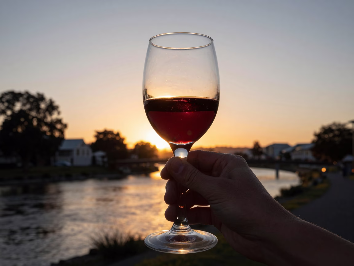 Vintage 1960s Christchurch Sunset Glass of Red Wine Held Against Golden Light in in Christchurch, New Zealand