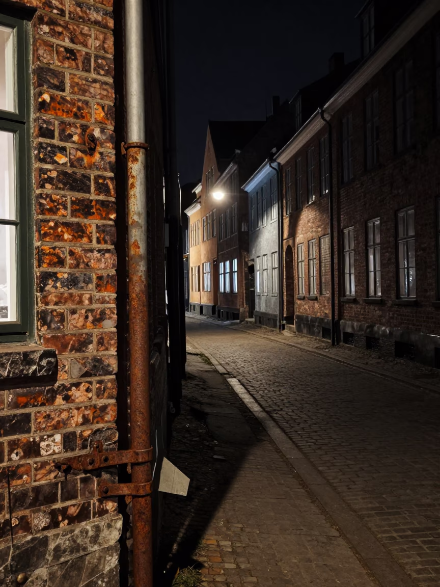 Vintage 1960s Copenhagen Night Street Scene with Rusty Hinge and Wicker Basket in in Copenhagen, Denmark