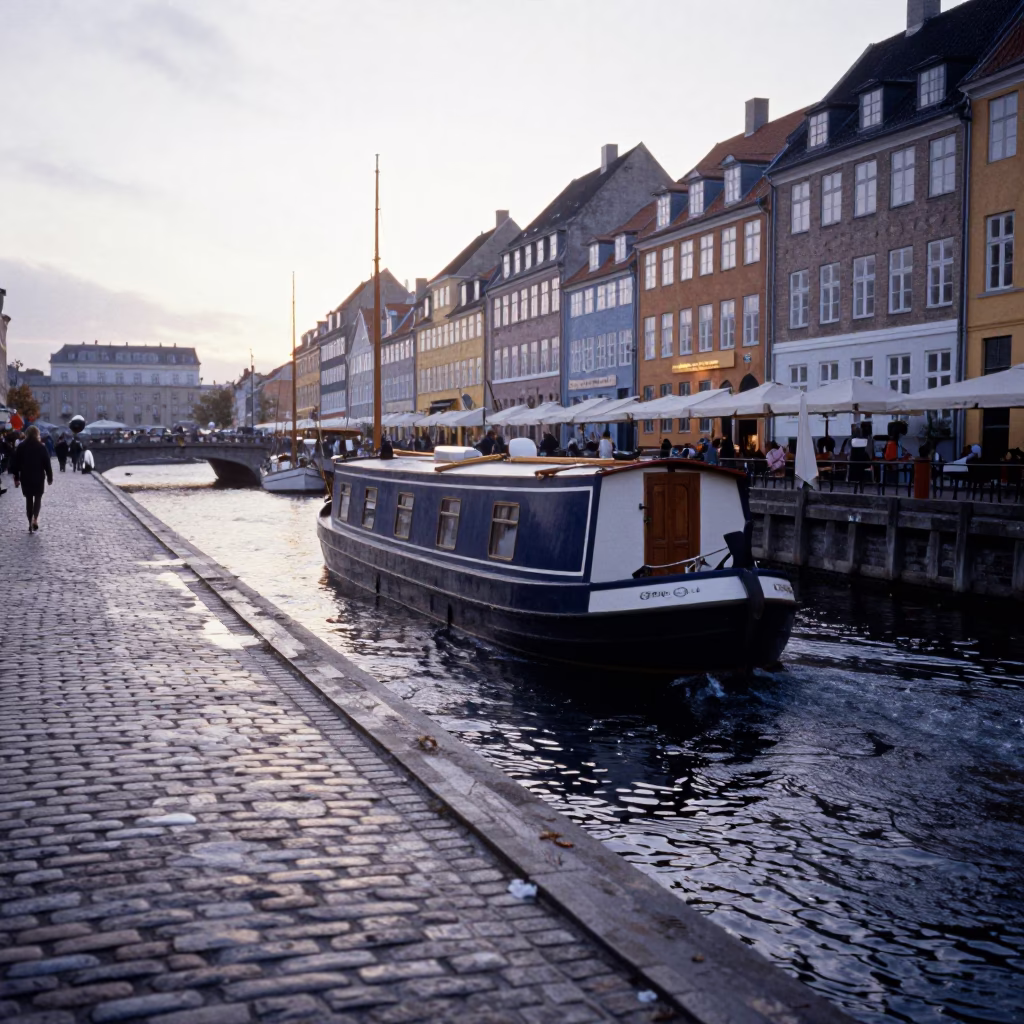 Vintage 1960s Copenhagen Street Scene Before Sunrise with Narrowboat and Canal Tunnel in in Copenhagen, Denmark
