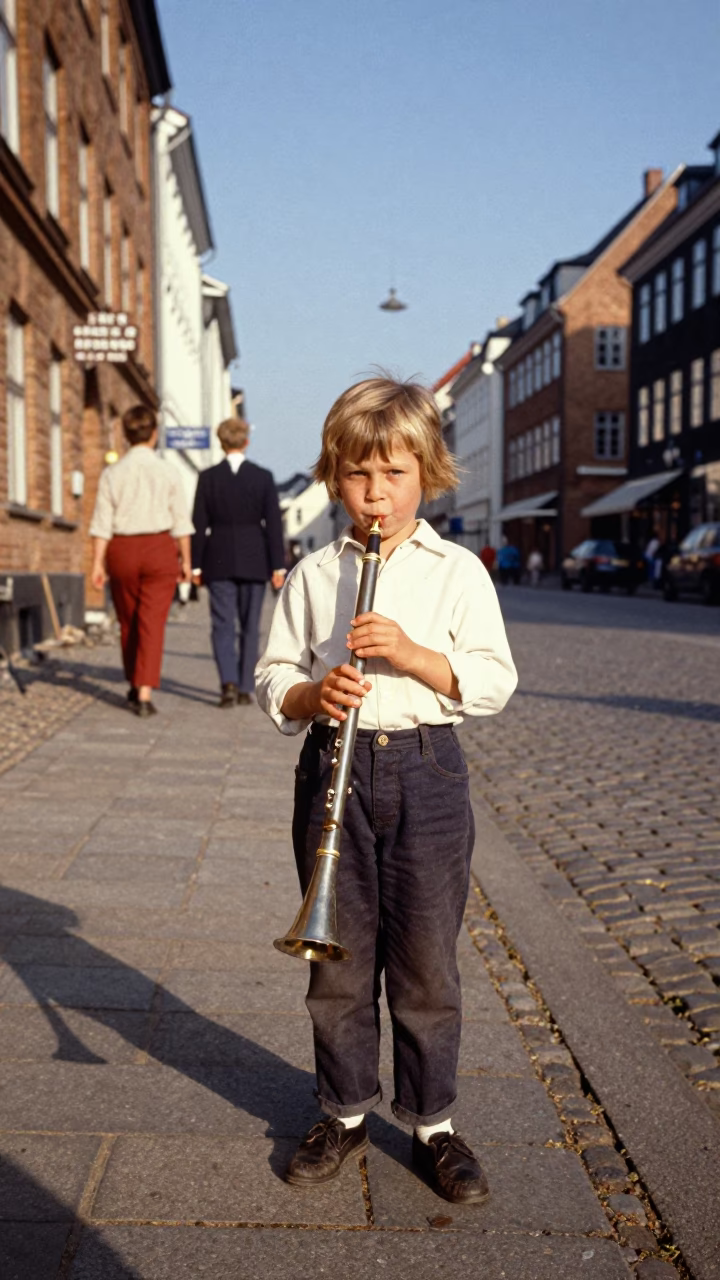 Vintage 1960s Copenhagen Street Scene with Child Holding Recorder in Late Afternoon Sunlight in in Copenhagen, Denmark