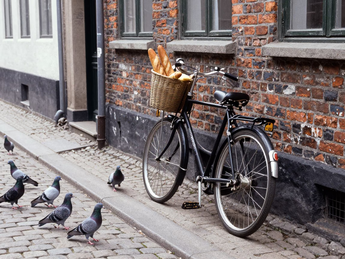 Vintage 1960s Copenhagen Street Scene with Pigeons and Bicycle near Nyhavn in in Copenhagen, Denmark