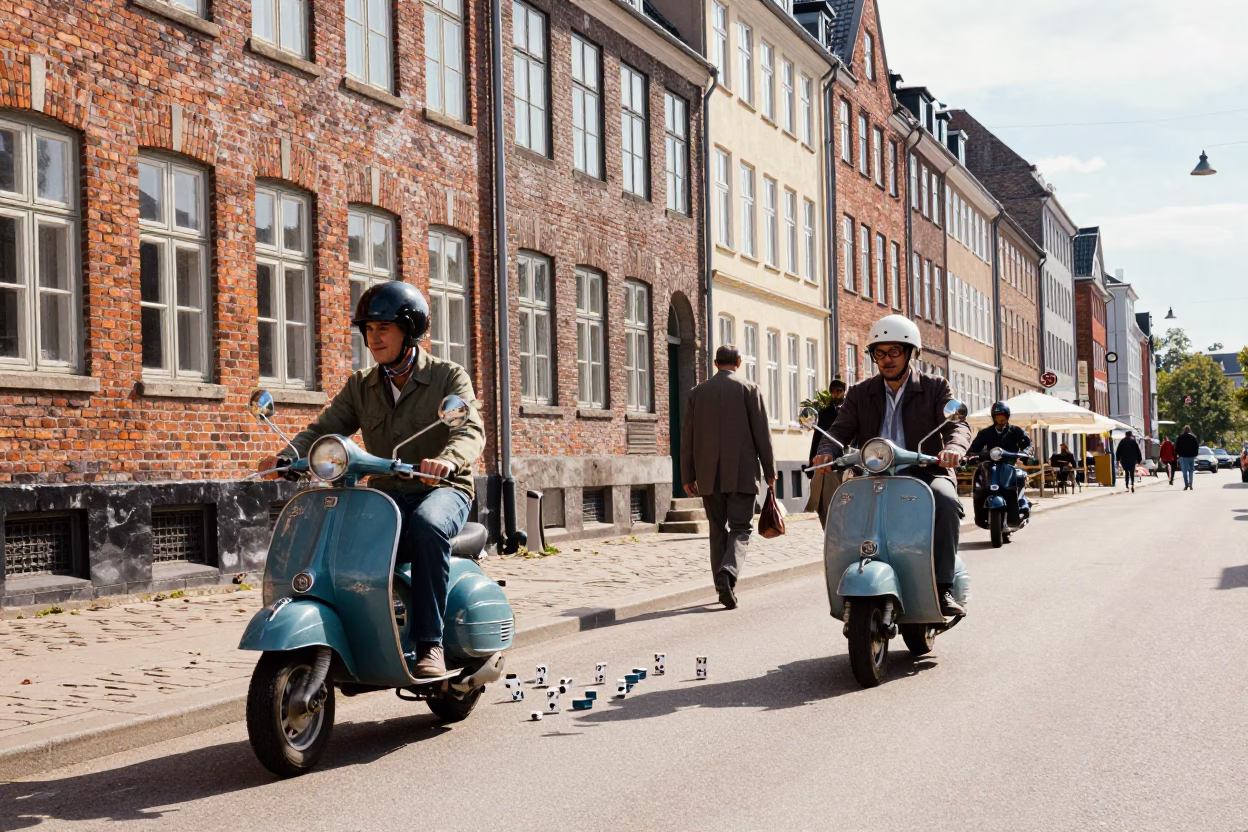 Vintage 1960s Copenhagen Street Scene with Scooter and Dominoes in Midday Sunlight in in Copenhagen, Denmark