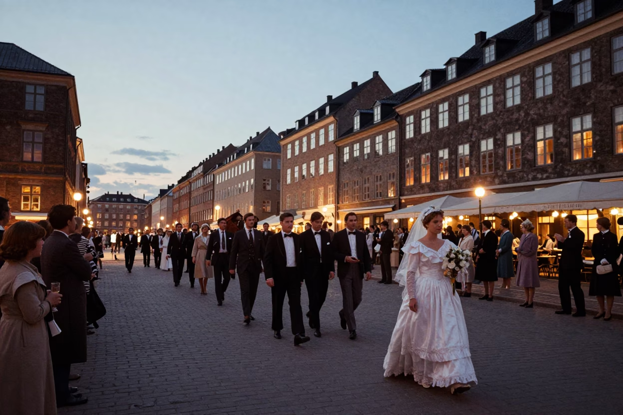 Vintage 1960s Copenhagen Street Scene with Traditional Wedding Procession and City Lights in in Copenhagen, Denmark