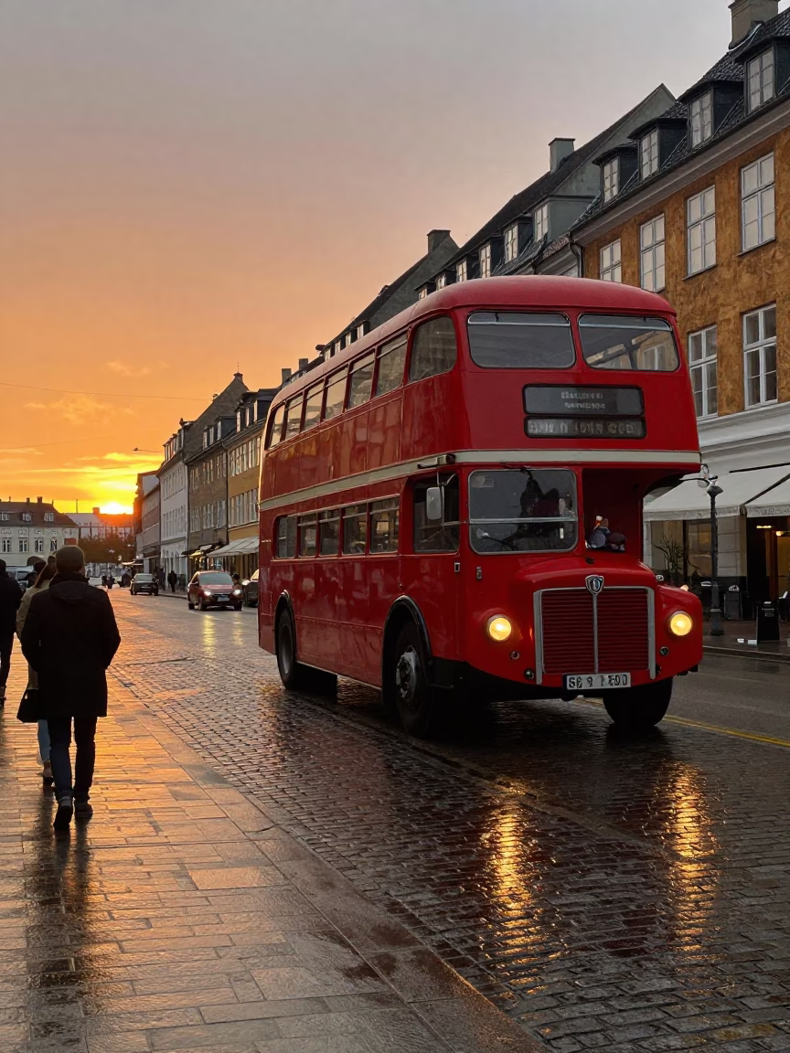Vintage 1960s Copenhagen Sunset Street Scene with Red Double-Decker Bus and Rainy Pavement in in Copenhagen, Denmark