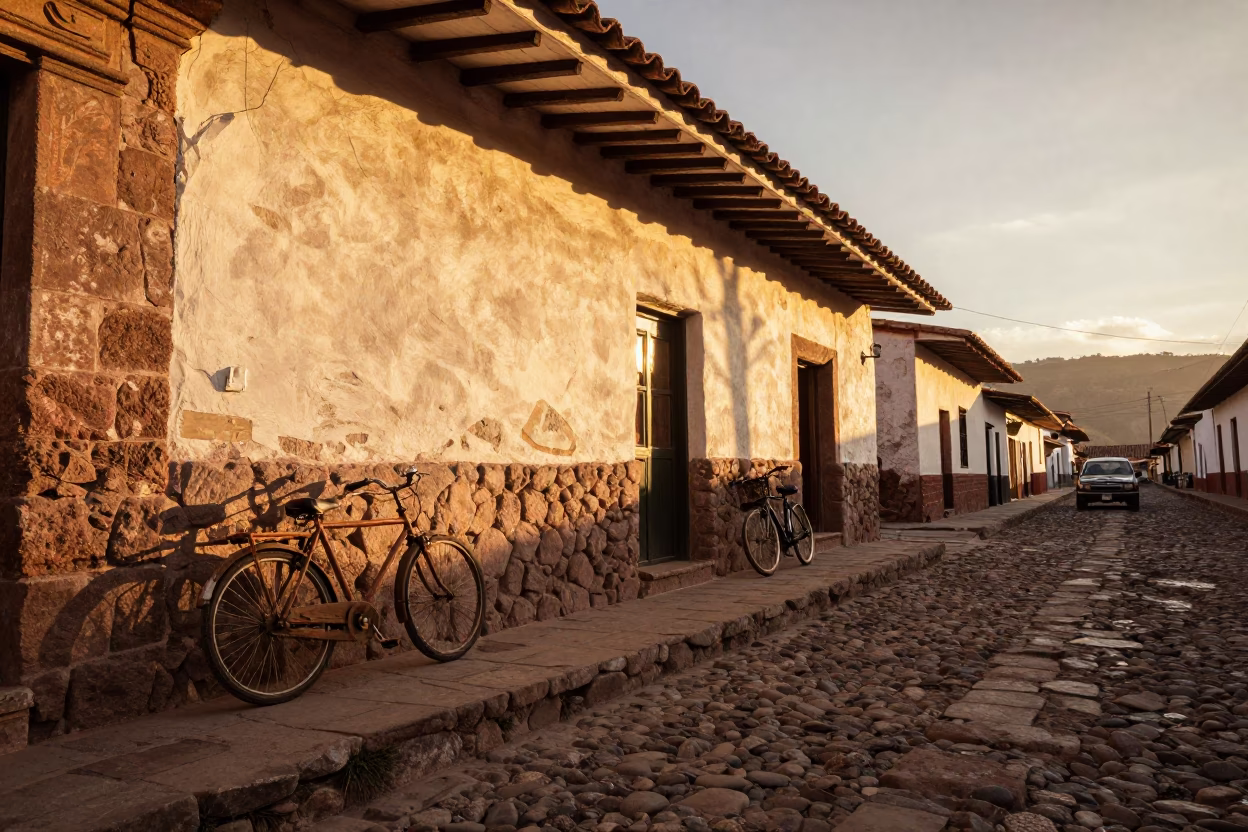 Vintage 1960s Cusco Peru Sunset Street Scene with Bicycles and Colonial Architecture in in Cusco, Peru