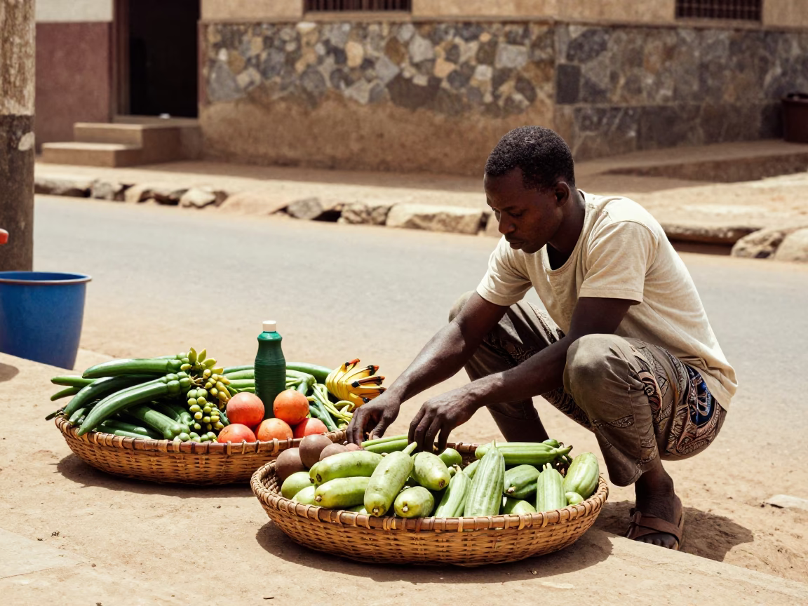 Vintage 1960s Dakar Senegal Street Scene with Basket Tray and Local Market Activity in in Dakar, Senegal